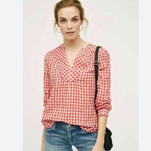 Anthropologie Holding Horses red and white cotton gingham top Size 8 - Picture 1 of 12